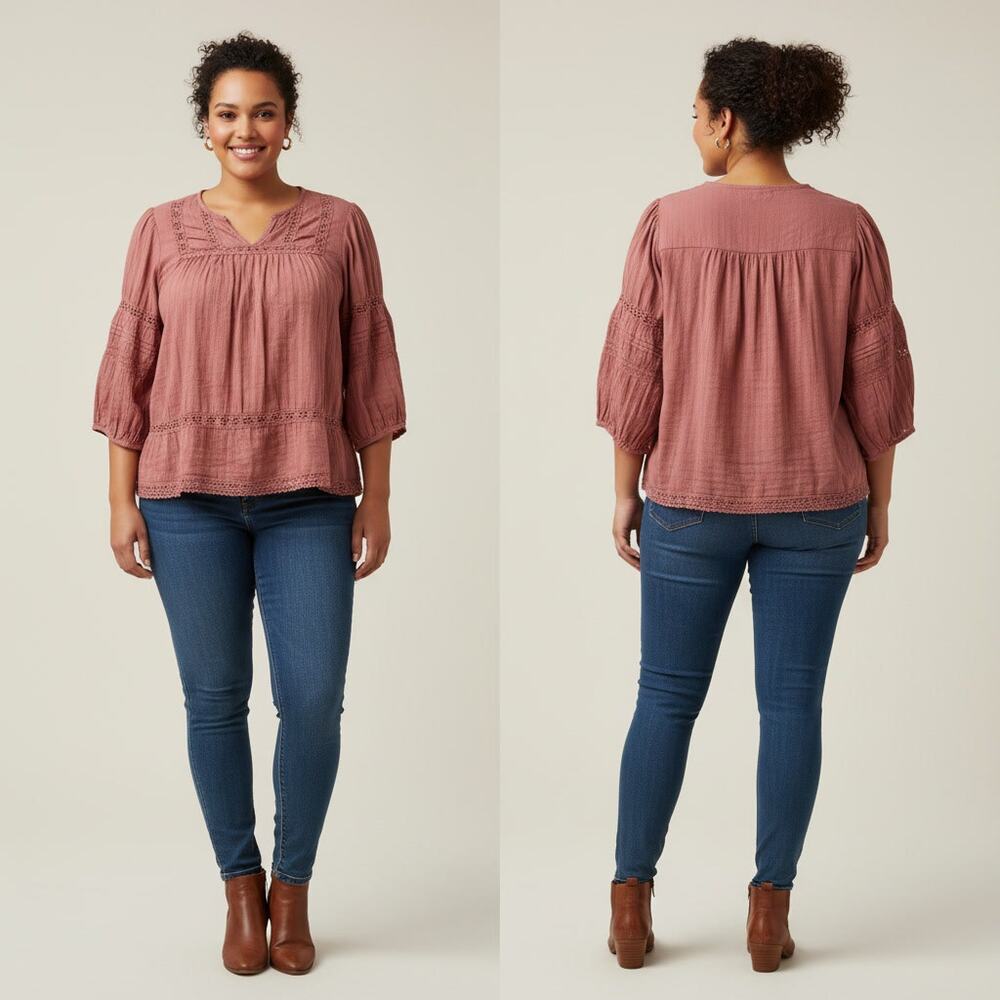 1293 - Knox Rose Ribbed Texture Peasant Blouse - XL